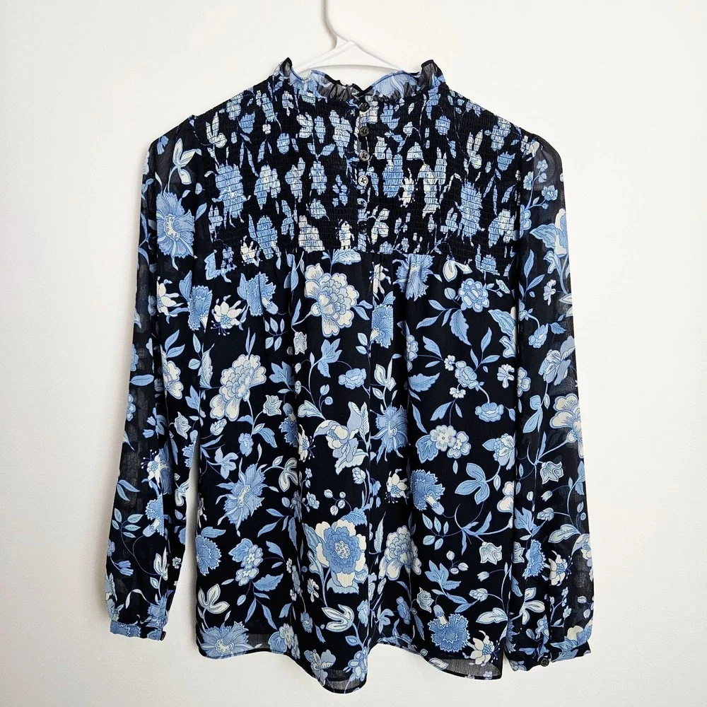 J.Crew Blouse‎ Sz XS Smocked Ruffleneck Chiffon Top Midnight Blue Floral Cottage